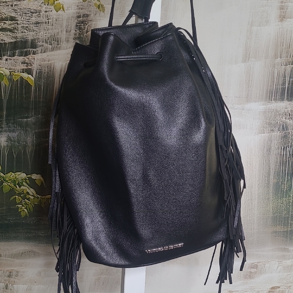 Victoria Secret Black Leather Bucket Backpack Bag with Fringe - Picture 1 of 7